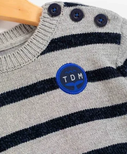 PULL FOND GRIS CHINE RAYE INDIGO KOMARIN