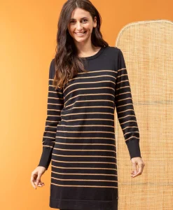 ROBE ML FOND NOIR RAYE CAMEL ROCHE