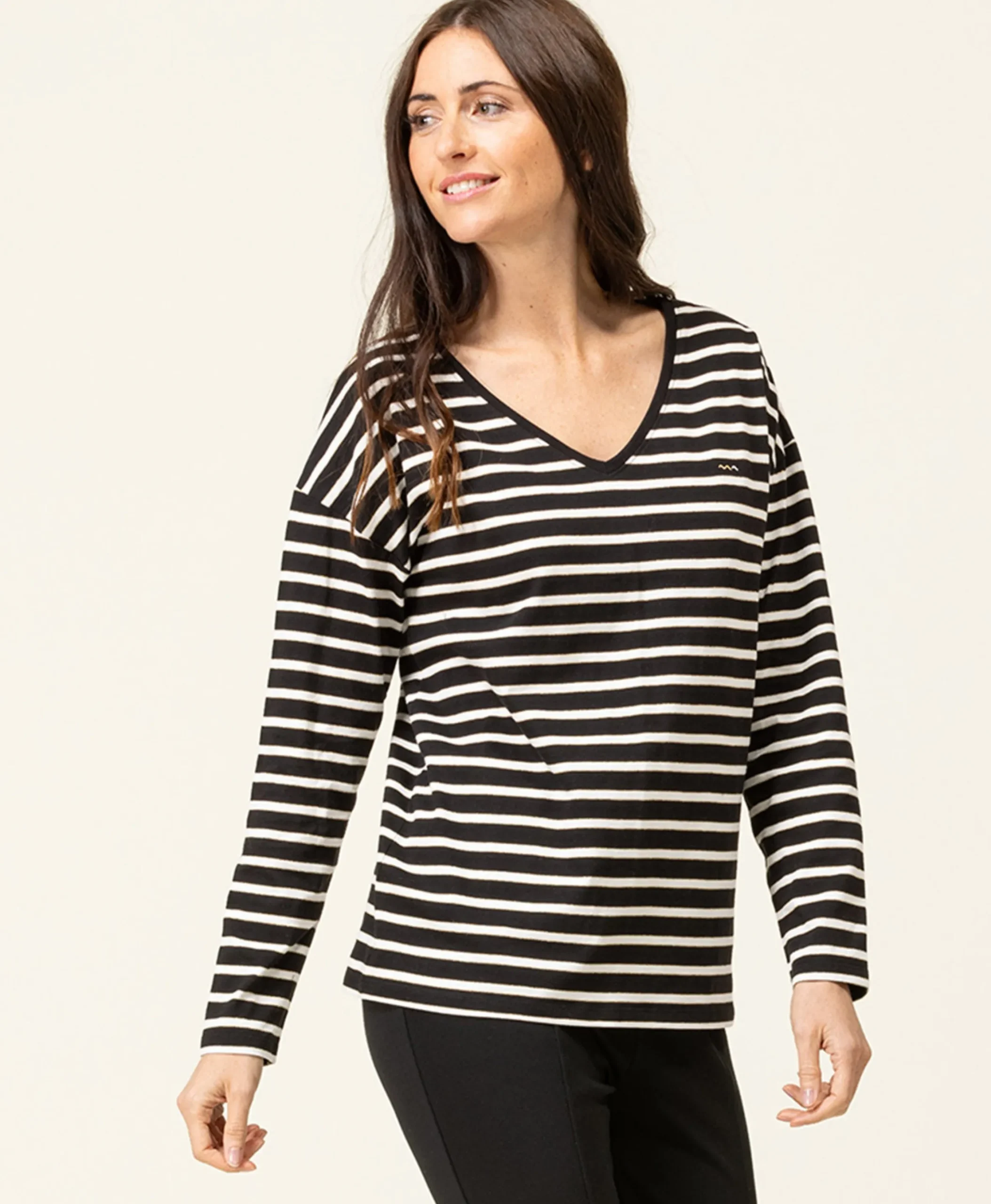 TEE SHIRT ML FOND NOIR RAYE NATUREL TSUKI